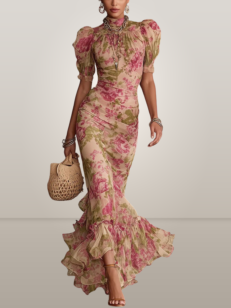 Vintage Rose Print Maxi Dress With Puff Sleeves (Accessories not inclu   Michael & Laura Toronto