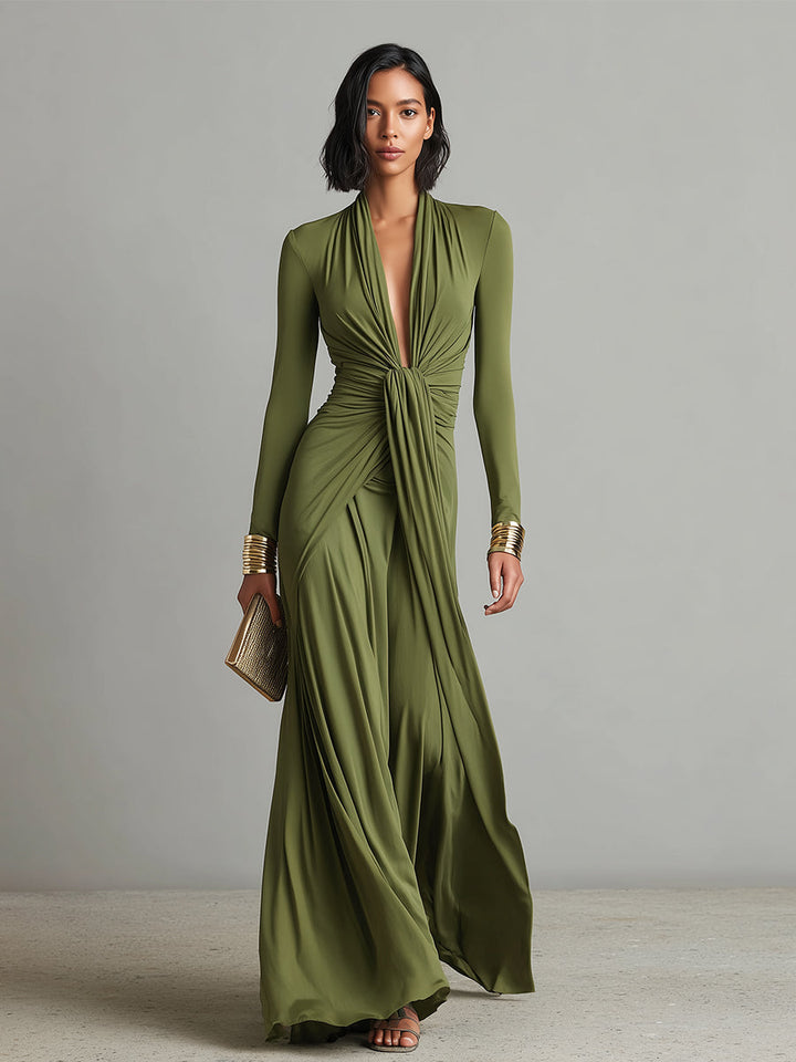 Oliv Silk Maxi Dress with V-Neck