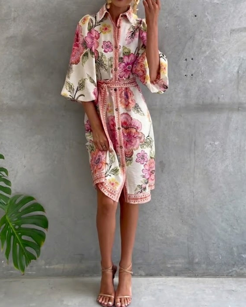 Lantern Sleeve Notched Collar Printed Dress