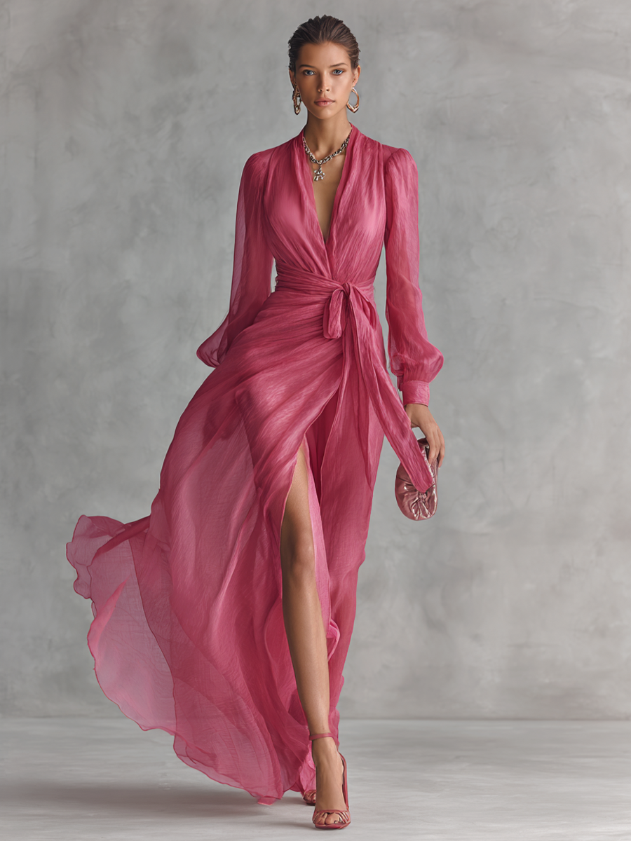 Pink chiffon dress V-neck