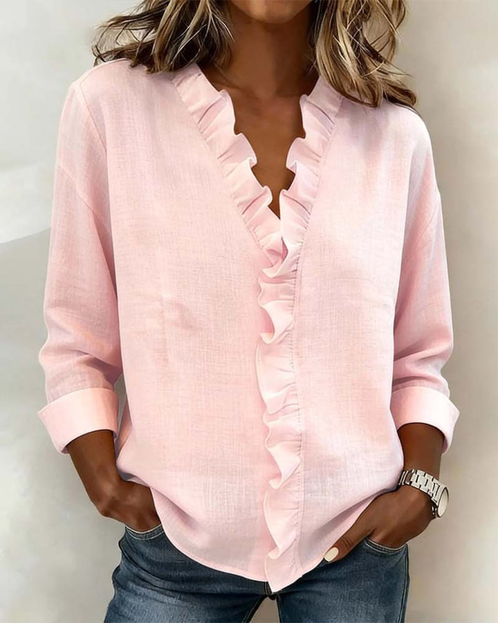 V-Neck Ruched Long Sleeve Blouse