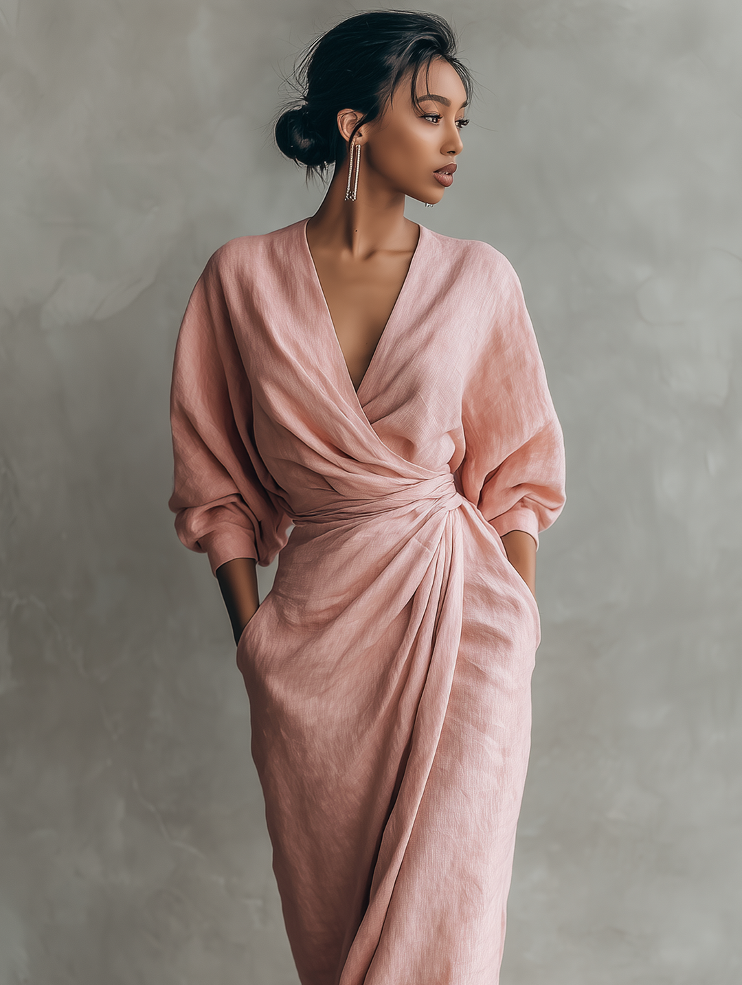 Pink Linen Maxi Dress with V-Neck