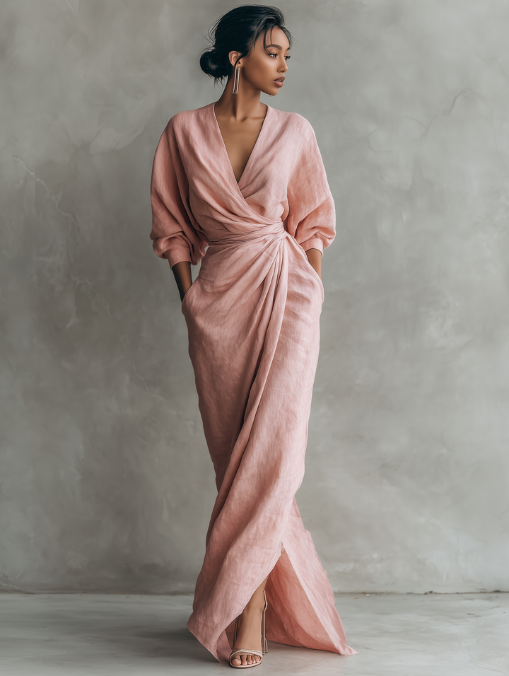 Pink Linen Maxi Dress with V-Neck