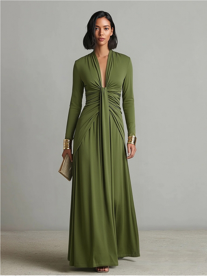 Oliv Silk Maxi Dress with V-Neck