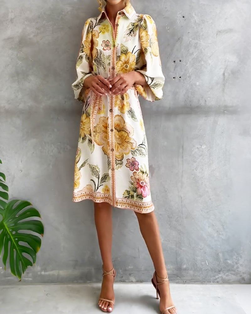 Lantern Sleeve Notched Collar Printed Dress