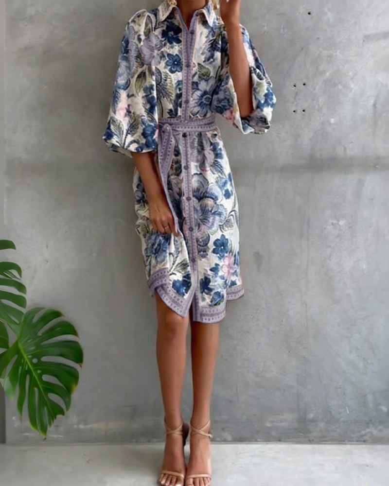 Lantern Sleeve Notched Collar Printed Dress