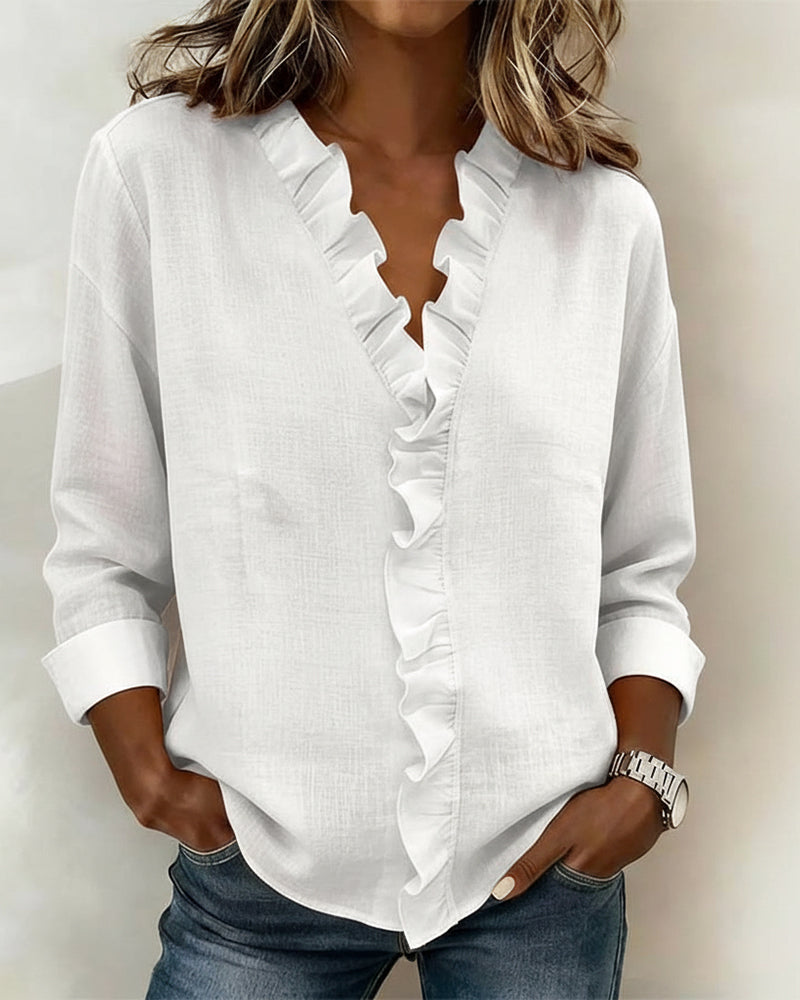 V-Neck Ruched Long Sleeve Blouse