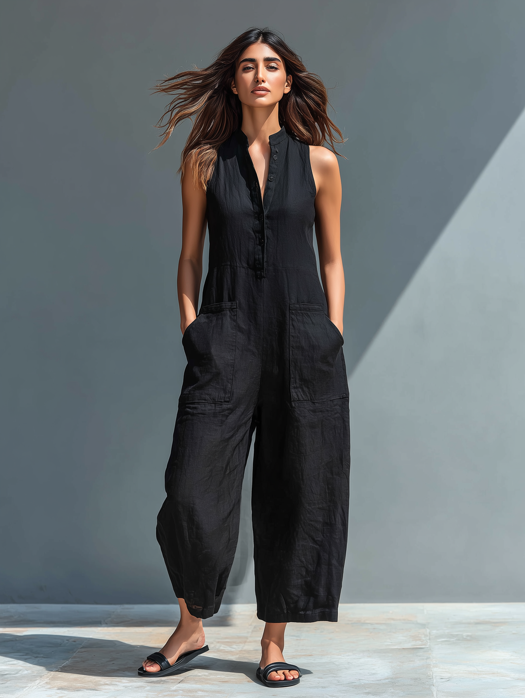 Sleeveless linen bib overalls