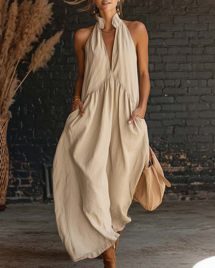 Sleeveless 100% Cotton Maxi Dress with High Neck