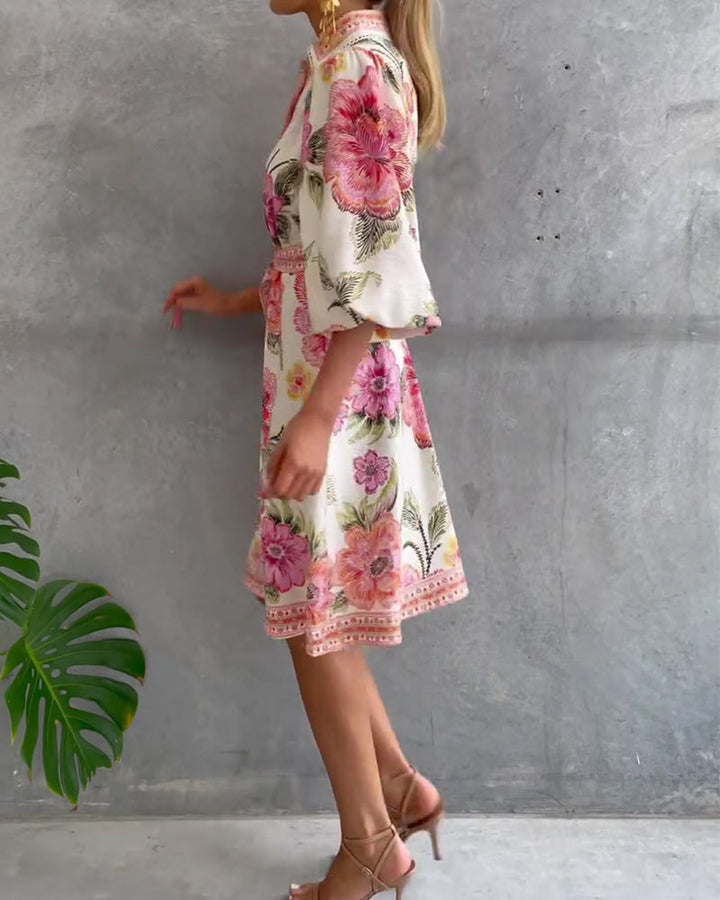 Lantern Sleeve Notched Collar Printed Dress