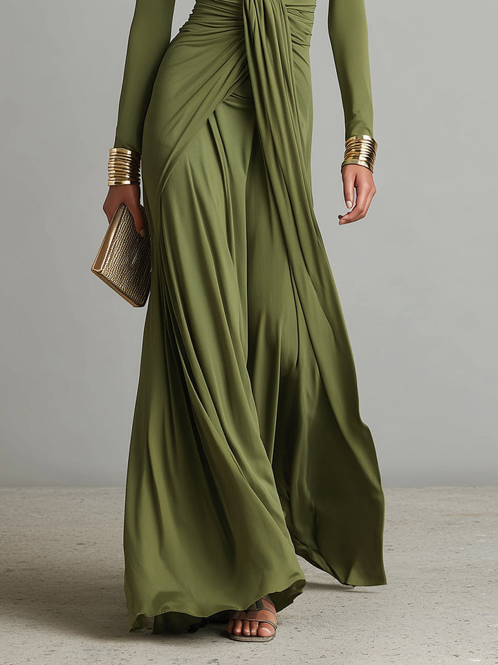 Oliv Silk Maxi Dress with V-Neck