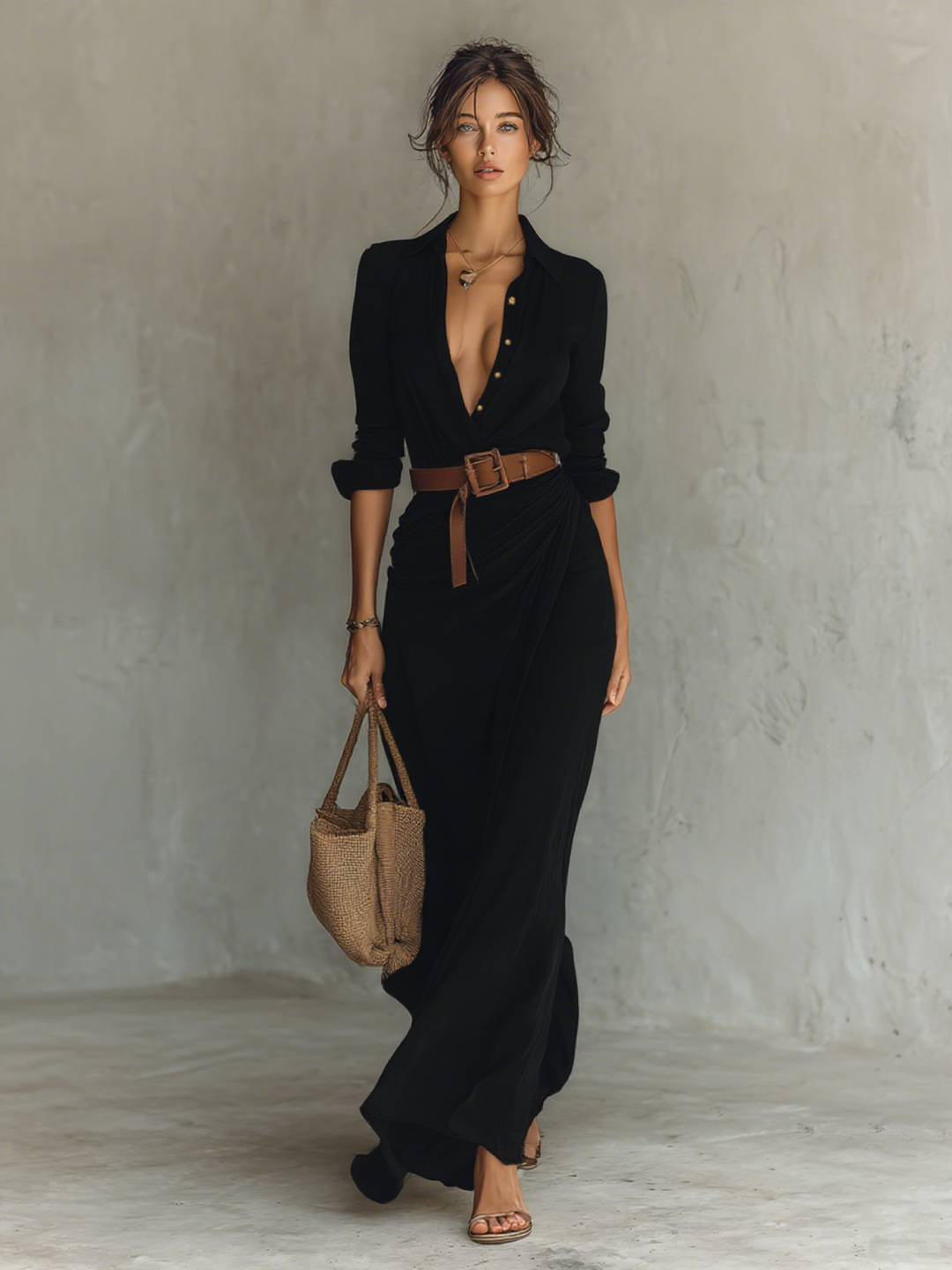 Maxi dress with a lapel collar and long sleeves