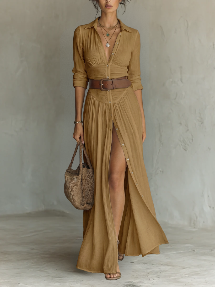 Linen Maxi Dress with Lapel Collar and Long Sleeves