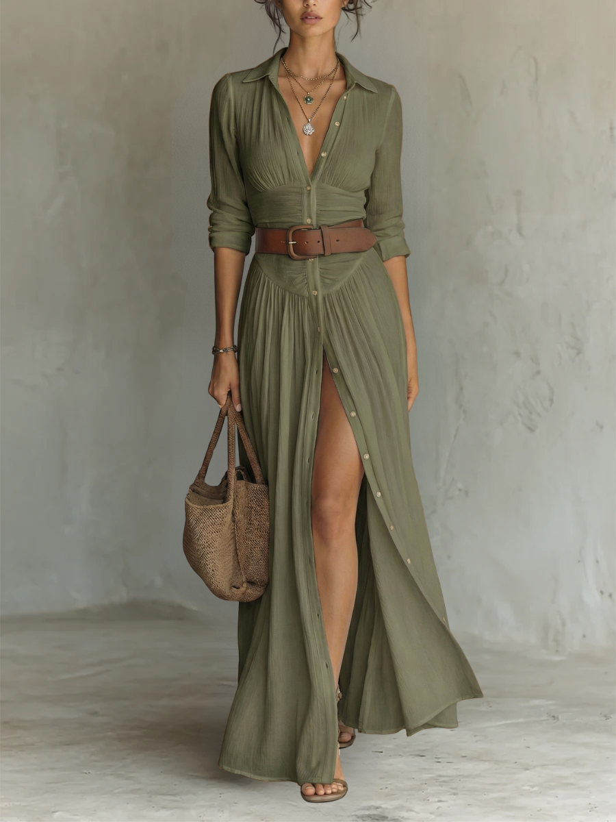 Linen Maxi Dress with Lapel Collar and Long Sleeves