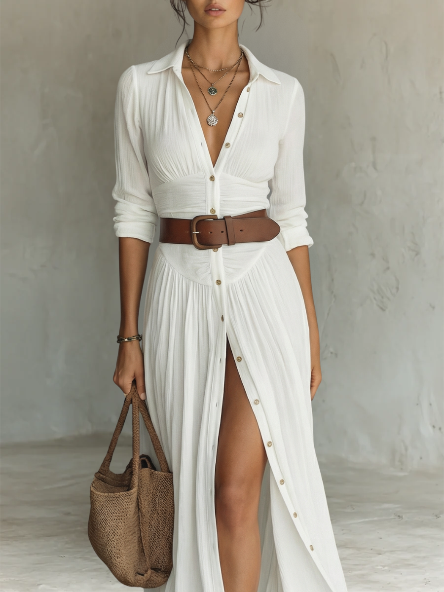 Linen Maxi Dress with Lapel Collar and Long Sleeves