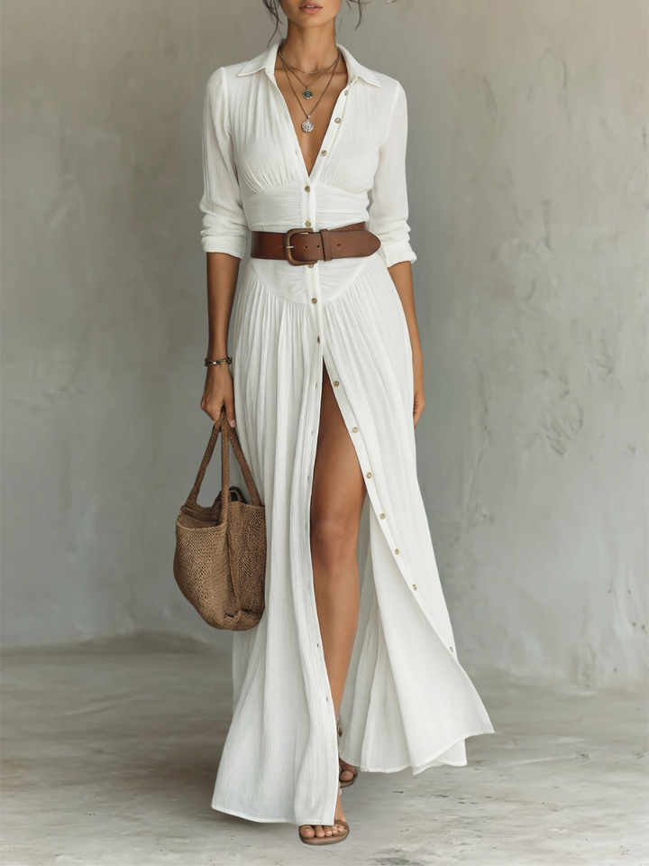 Linen Maxi Dress with Lapel Collar and Long Sleeves