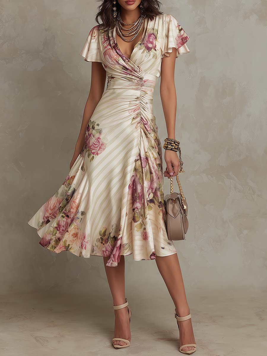Daxirae - Elegant Draped Floral Midi Dress for Chic Outings