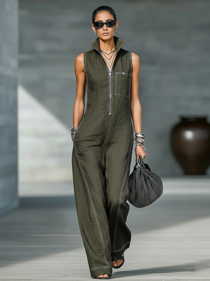 Sleeveless bib overalls with white trim