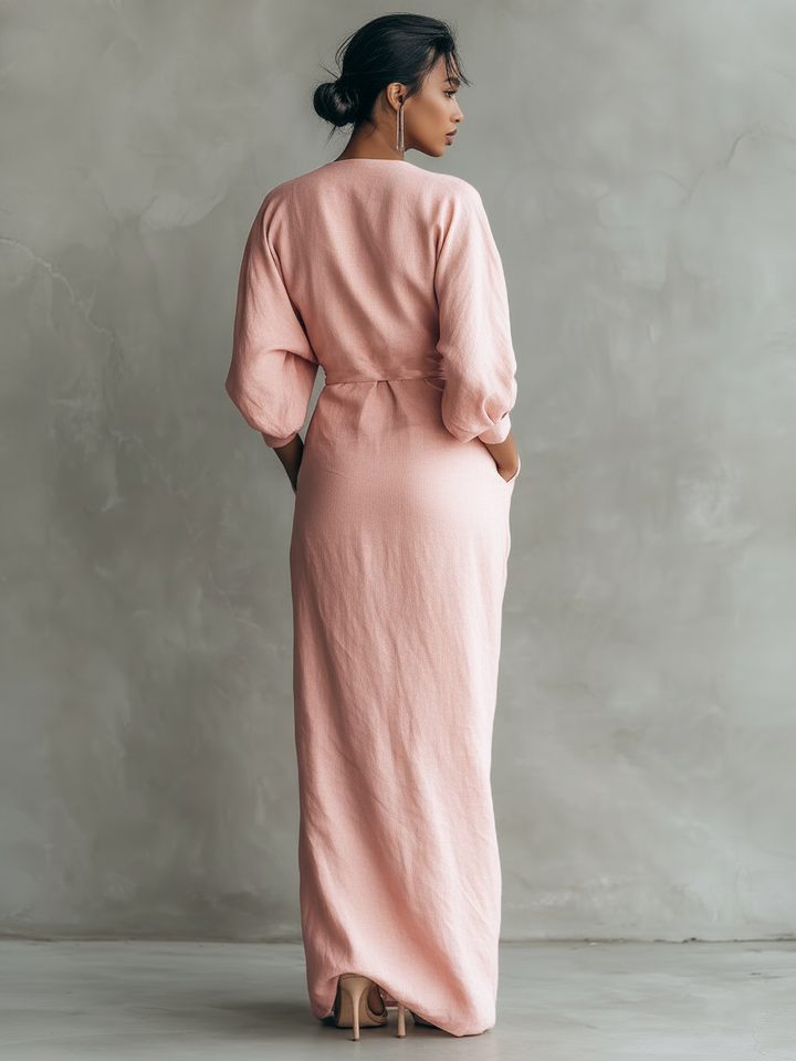 Pink Linen Maxi Dress with V-Neck