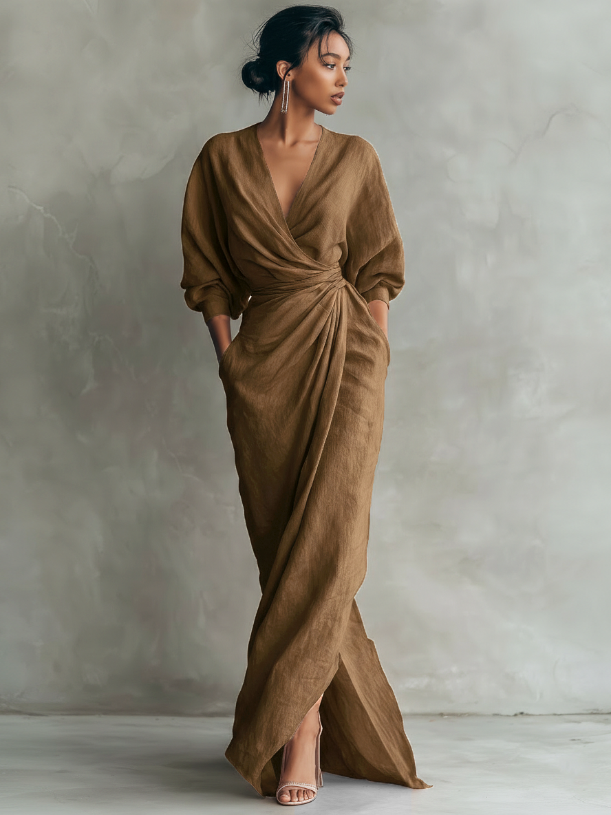 Pink Linen Maxi Dress with V-Neck