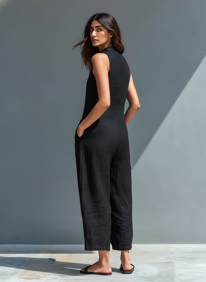Sleeveless linen bib overalls