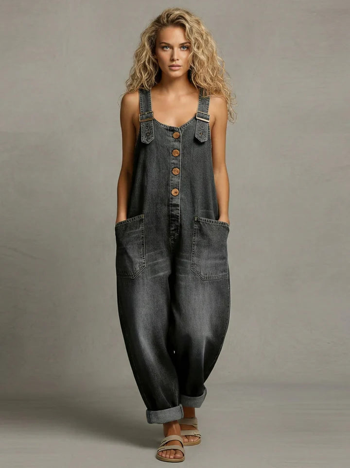 Moxelle - Women's Denim Jumpsuit with Pockets and Straps