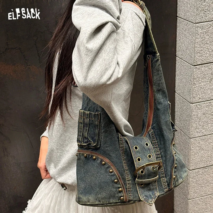 Studded Denim Hobo Bag | Michael & Laura Toronto