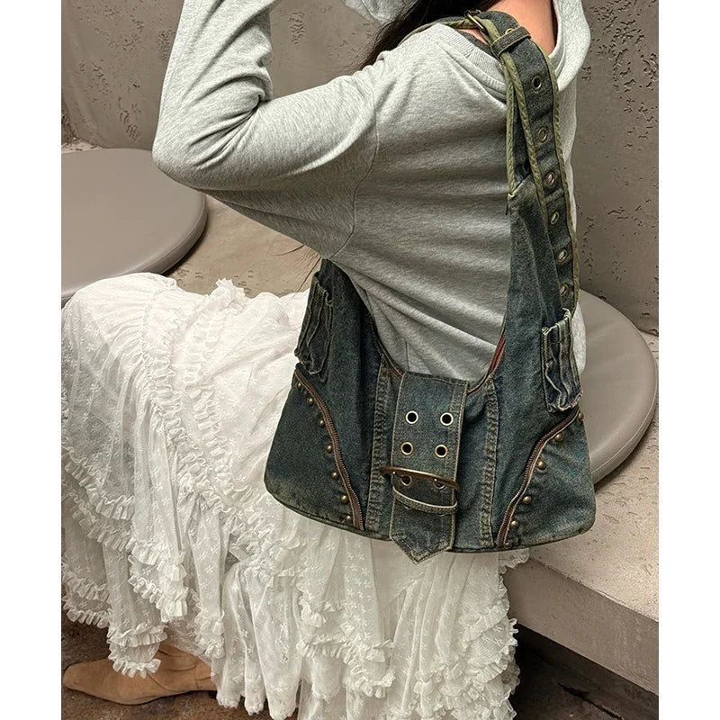 Studded Denim Hobo Bag | Michael & Laura Toronto