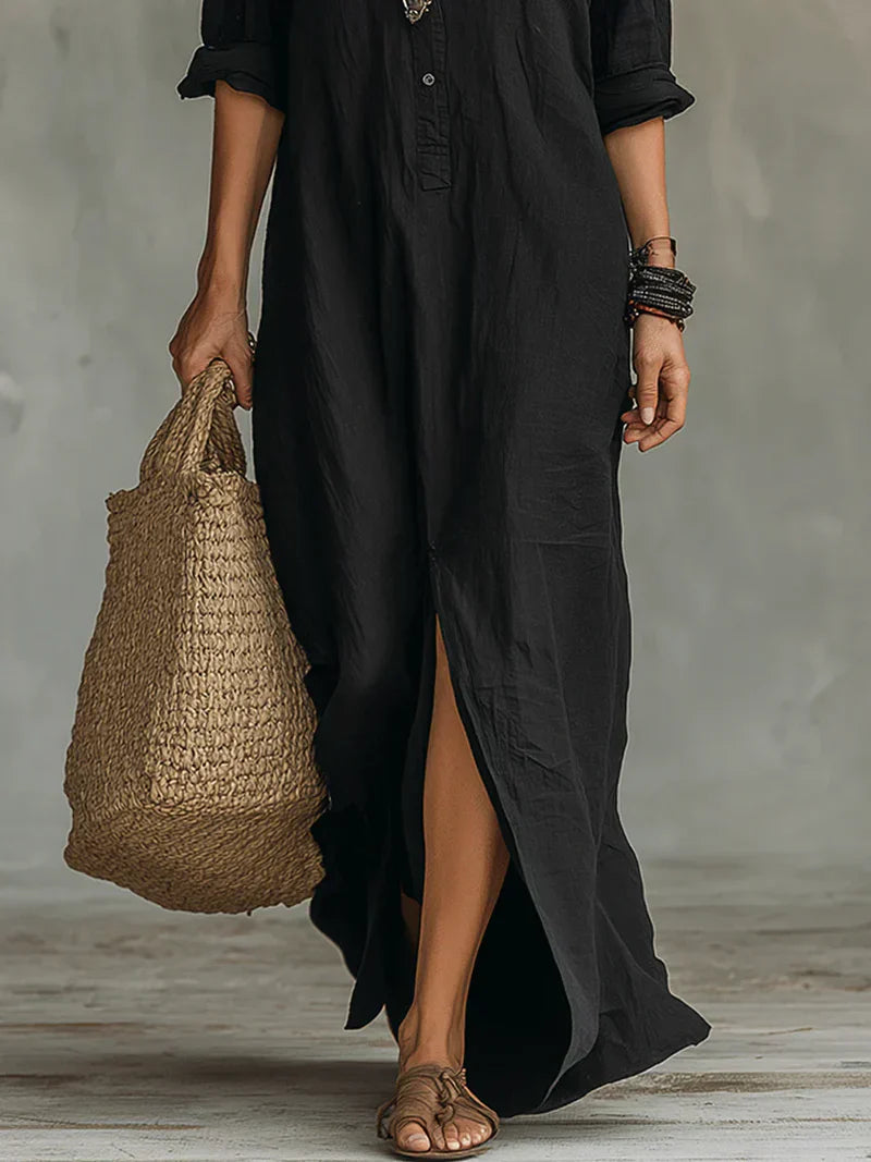 Selena™ | Black Maxi Dress with Buttons