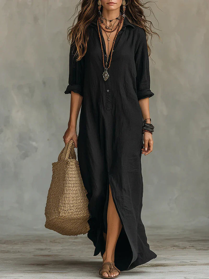 Selena™ | Black Maxi Dress with Buttons