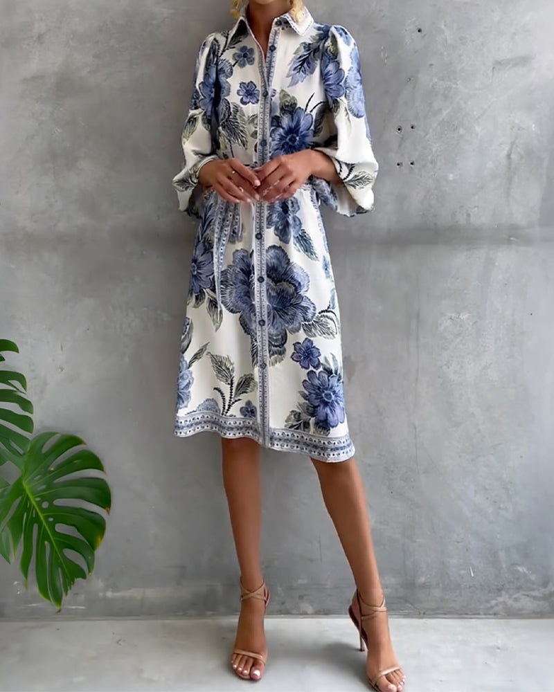 Lantern Sleeve Notched Collar Printed Dress