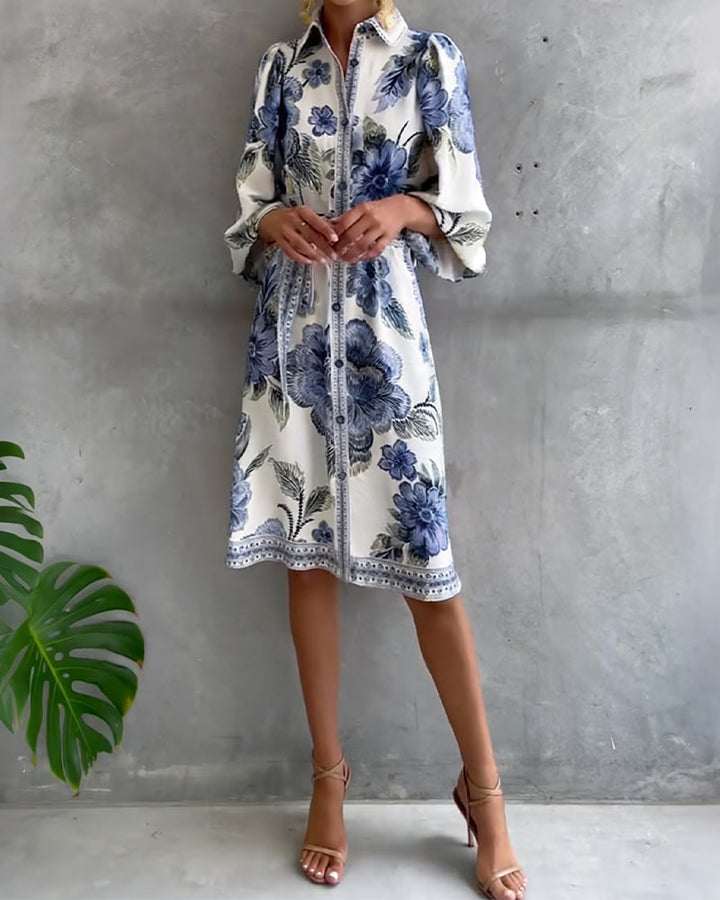 Lantern Sleeve Notched Collar Printed Dress