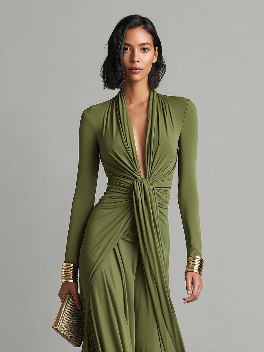 Oliv Silk Maxi Dress with V-Neck