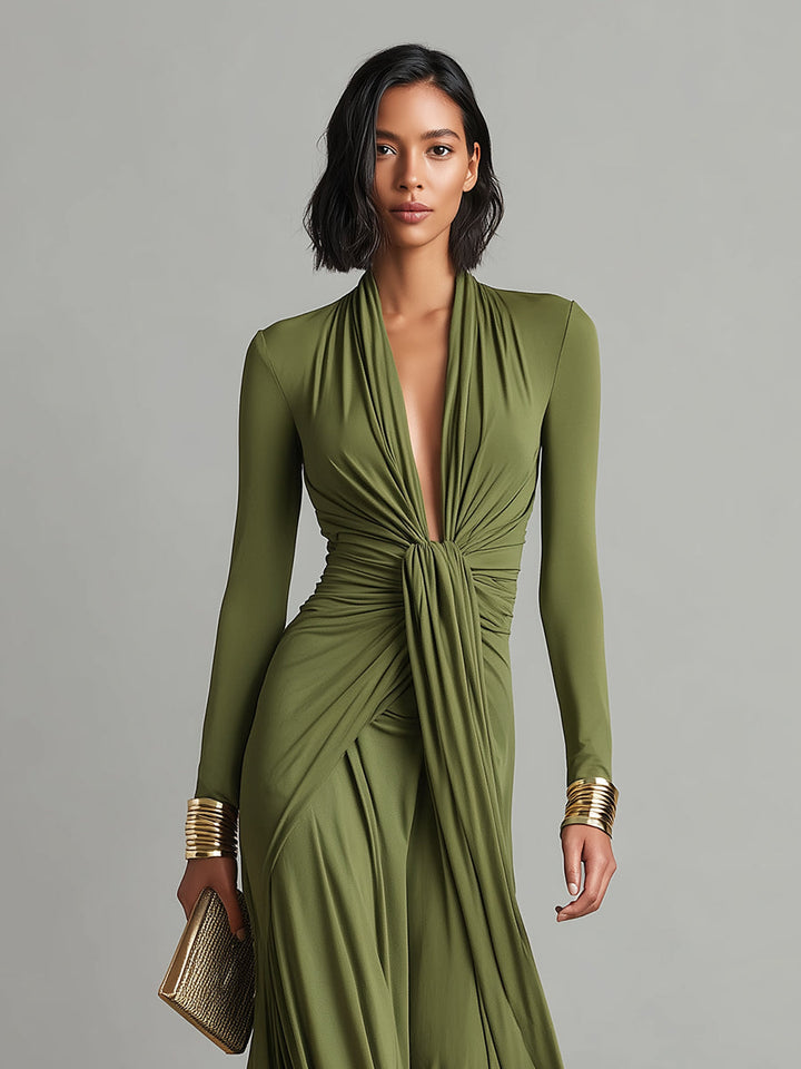Oliv Silk Maxi Dress with V-Neck