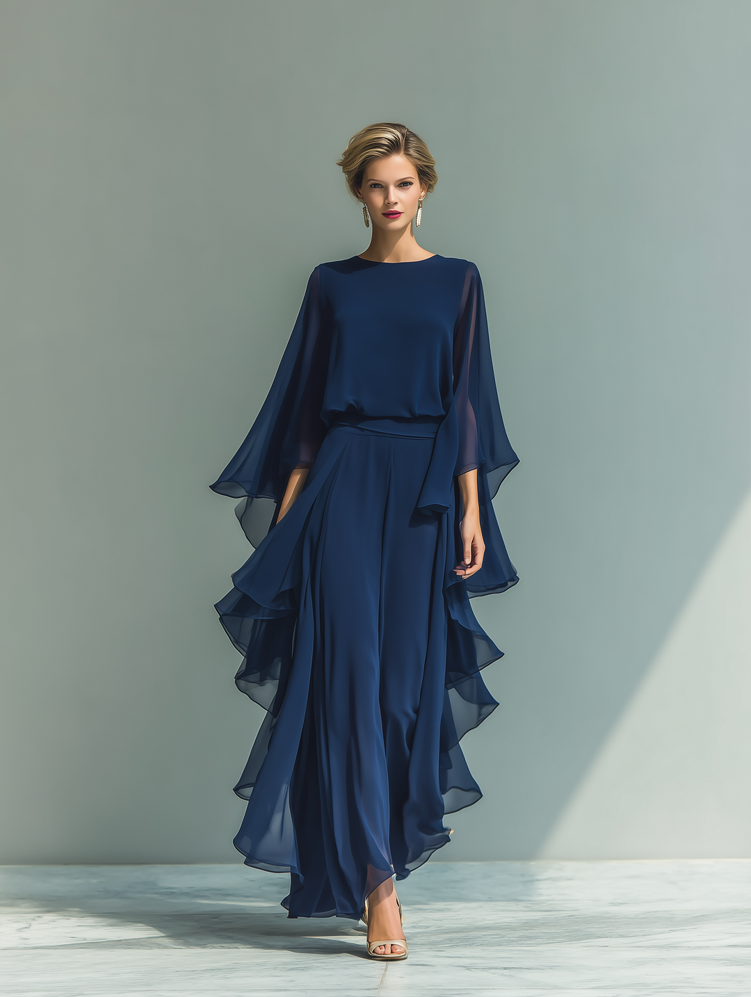 Navy blue chiffon set with ruffles
