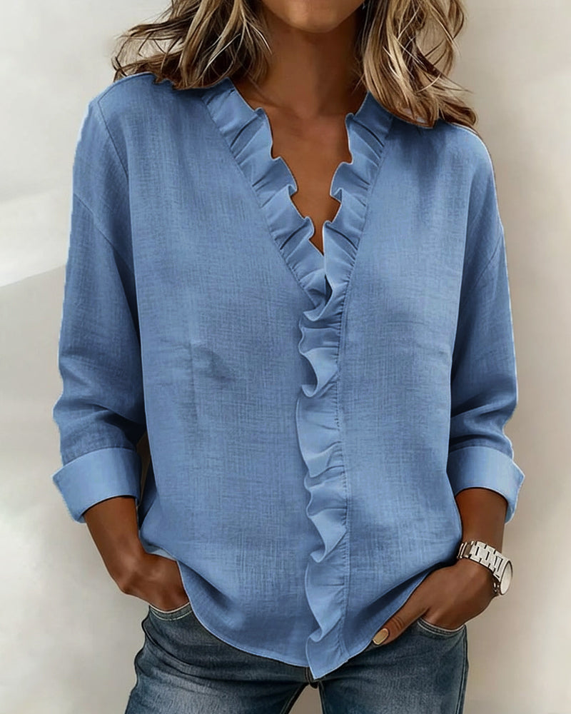 V-Neck Ruched Long Sleeve Blouse