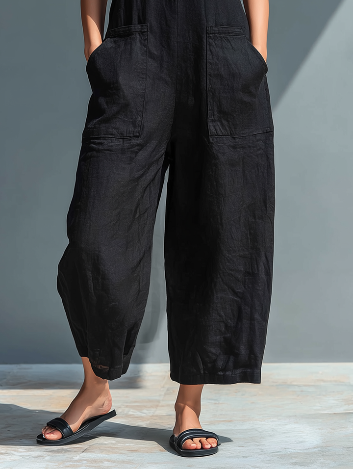 Sleeveless linen bib overalls