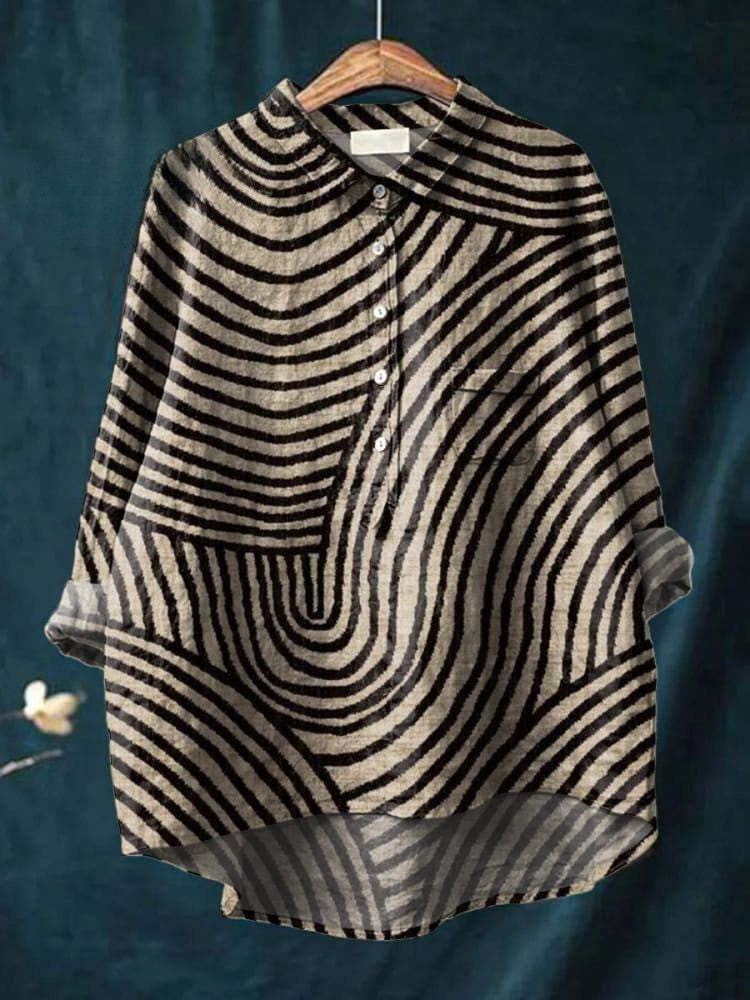 YVAINE – TRENDY CIRCULAR LINE PATTERN COTTON-LINEN SHIRT