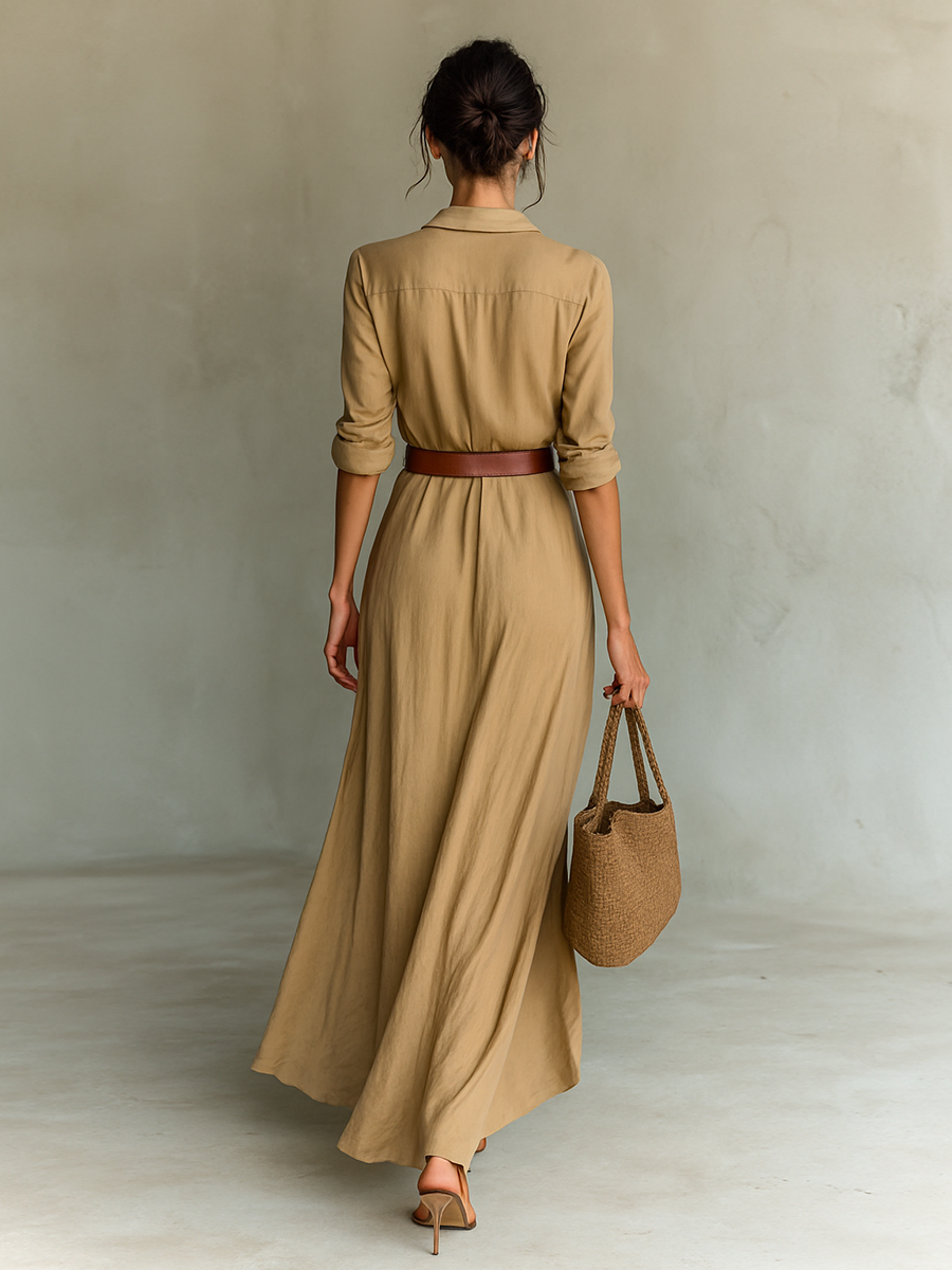 Maxi dress with a lapel collar and long sleeves