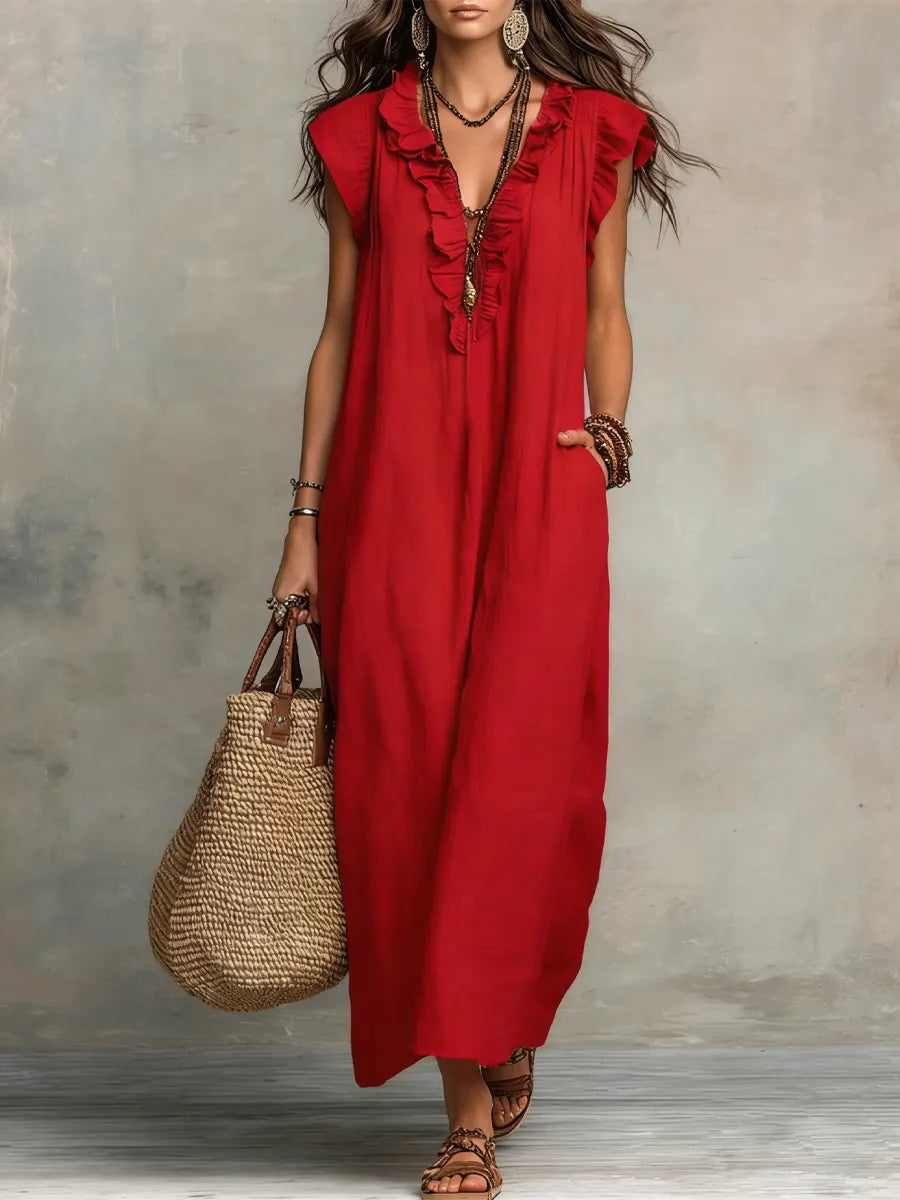 Izzellea - Women's Long Bohemian Linen Cotton Dress Loose Fit Elegant Ruffles