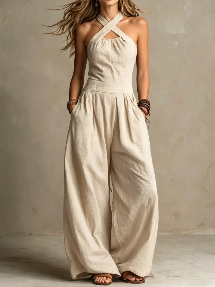 Bianca™ | Linen & Cotton Jumpsuit with Elegant Cross-Over Neckline