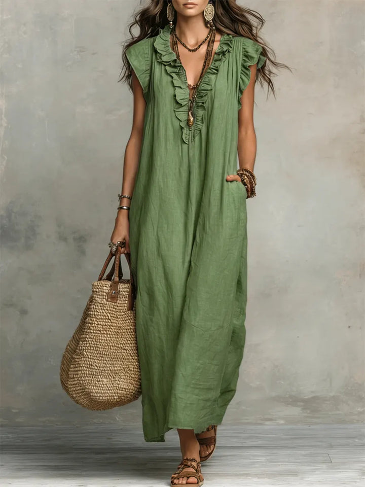 Izzellea - Women's Long Bohemian Linen Cotton Dress Loose Fit Elegant Ruffles