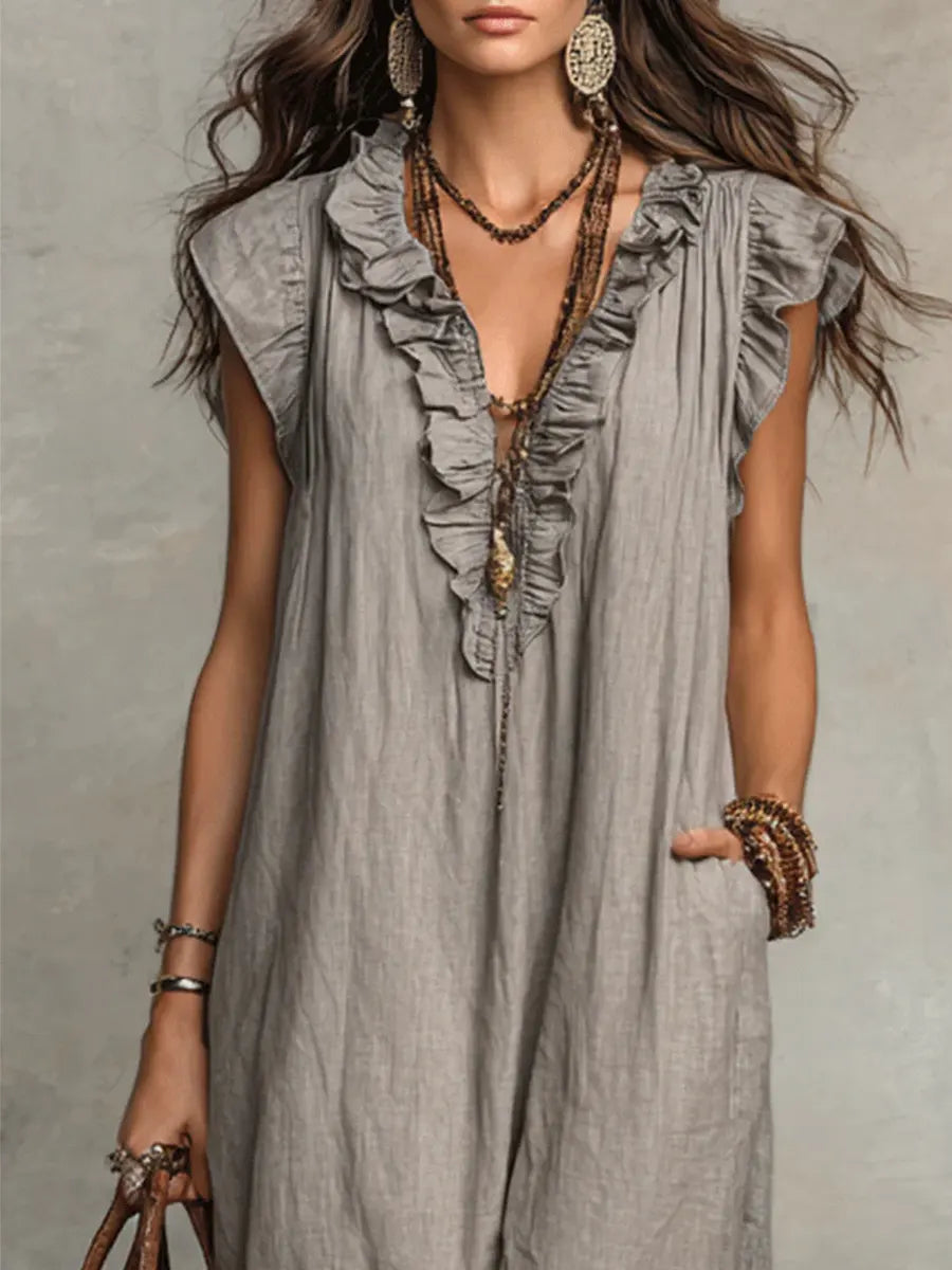 Izzellea - Women's Long Bohemian Linen Cotton Dress Loose Fit Elegant Ruffles