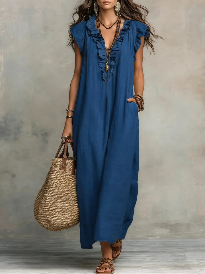 Izzellea - Women's Long Bohemian Linen Cotton Dress Loose Fit Elegant Ruffles