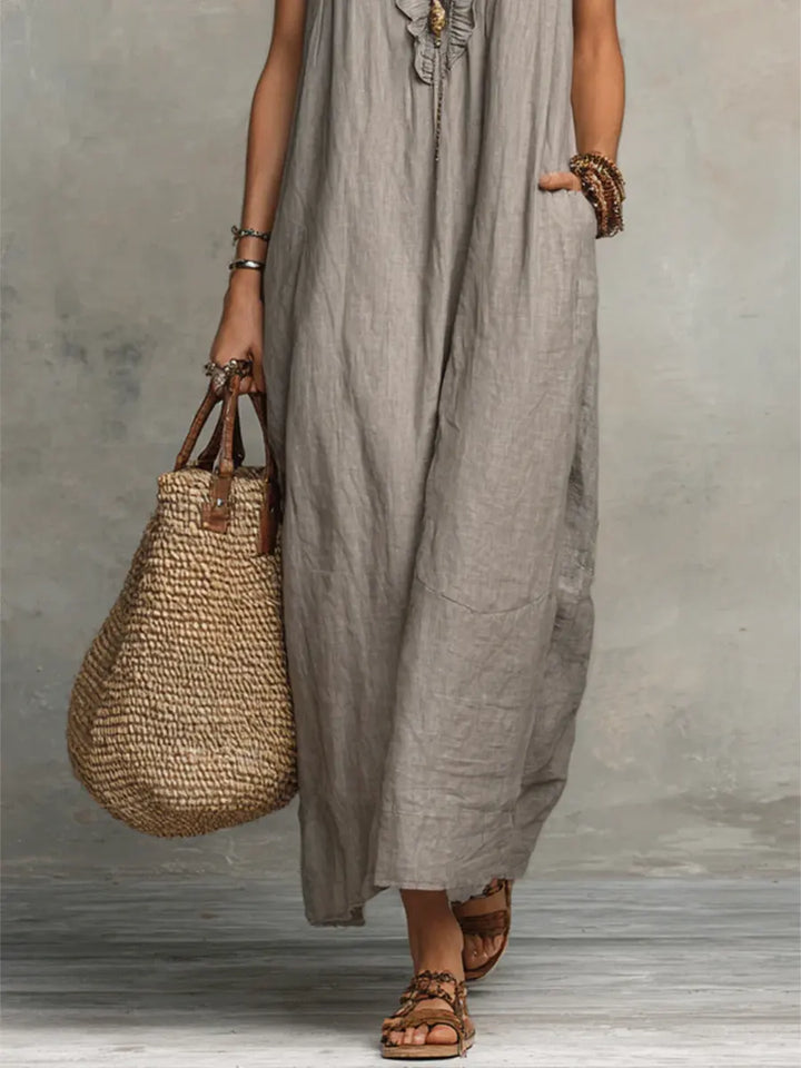 Izzellea - Women's Long Bohemian Linen Cotton Dress Loose Fit Elegant Ruffles