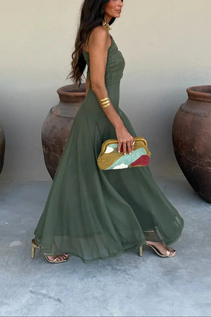 Pleated One-Shoulder Summer Maxi Dress