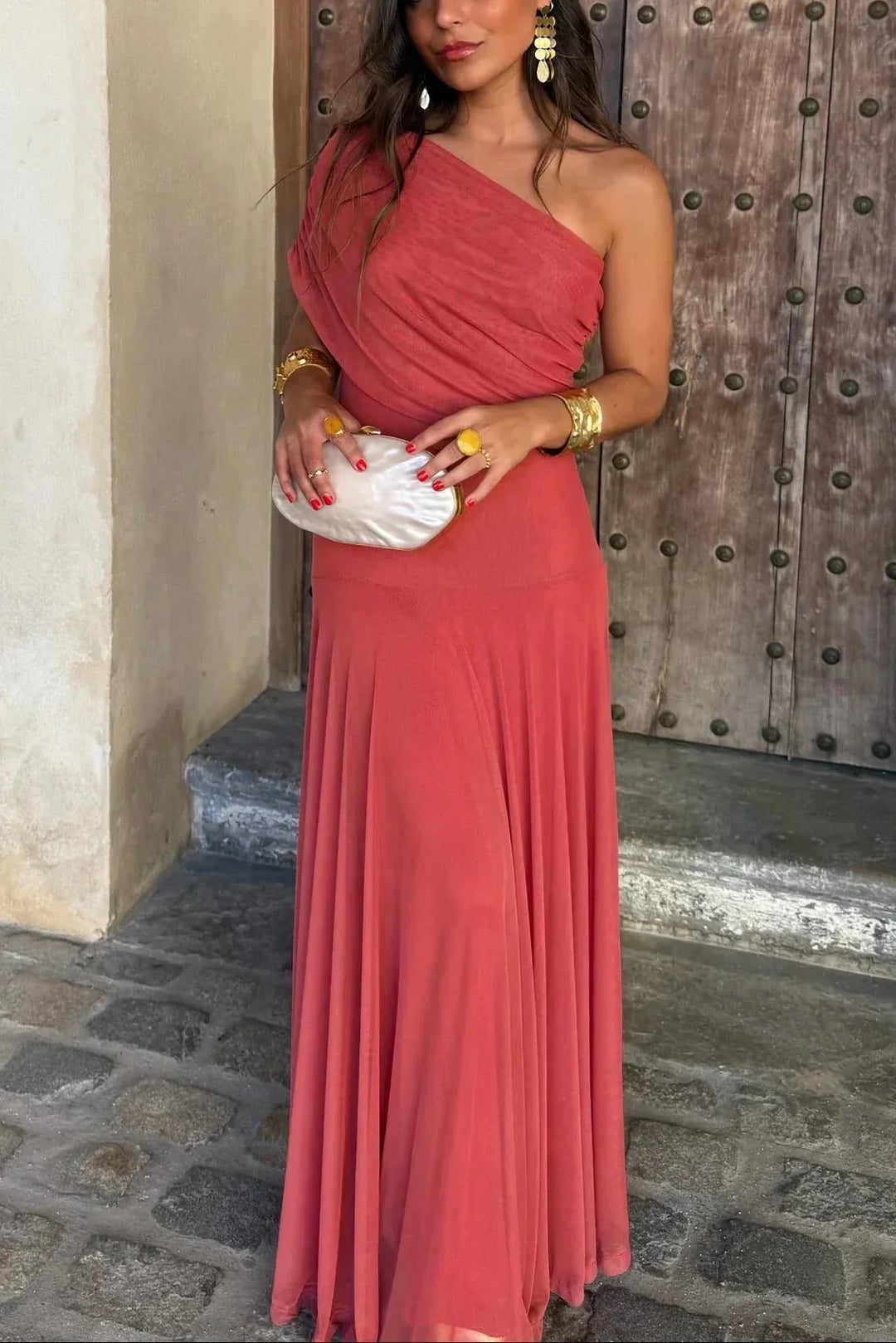 Pleated One-Shoulder Summer Maxi Dress