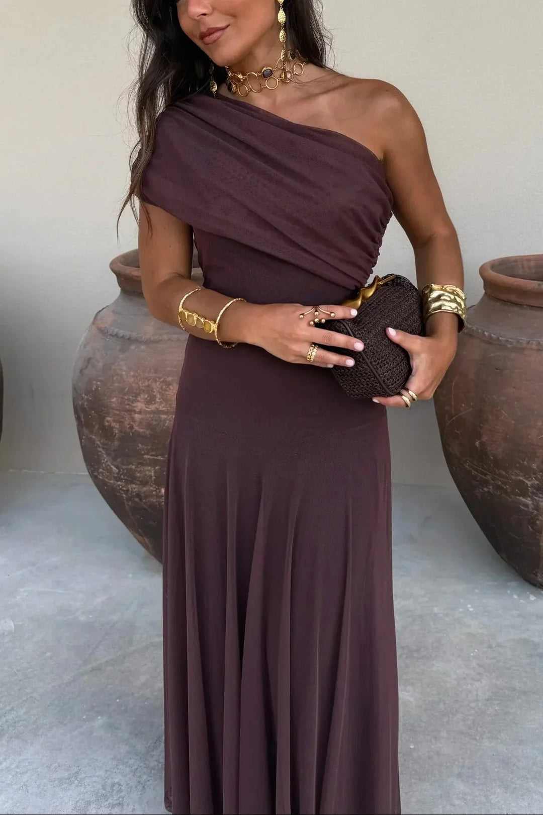 Pleated One-Shoulder Summer Maxi Dress