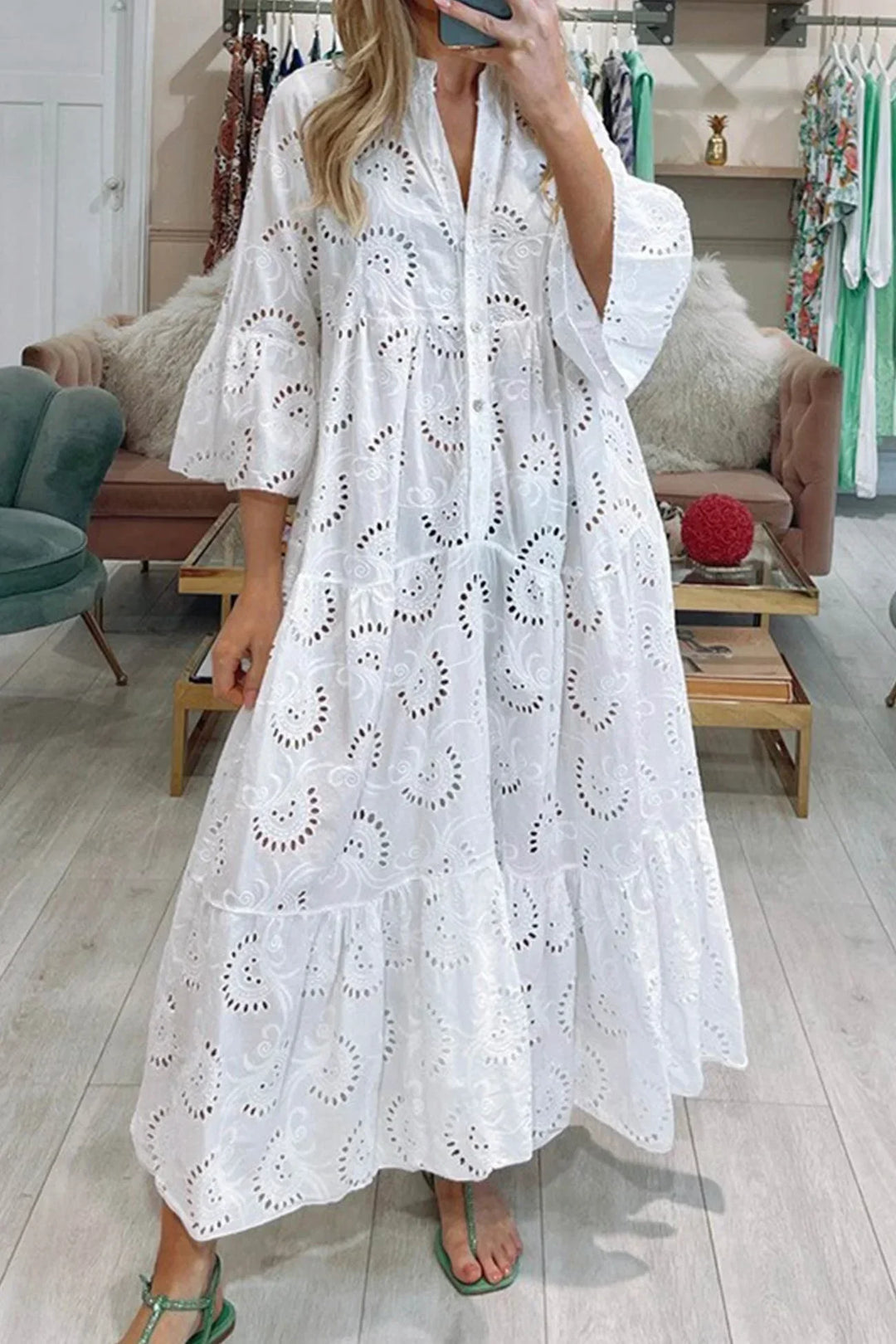 Long Hollow-Out Maxi Dress with 3/4 Sleeves and V-Neck for Summer