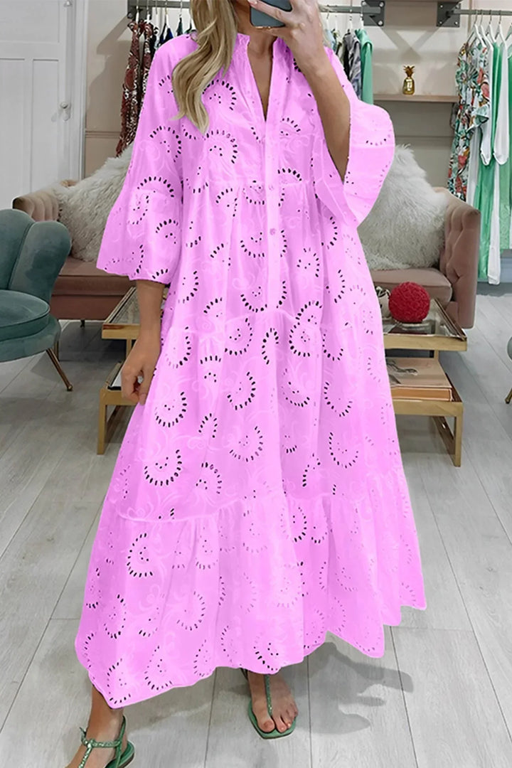 Long Hollow-Out Maxi Dress with 3/4 Sleeves and V-Neck for Summer